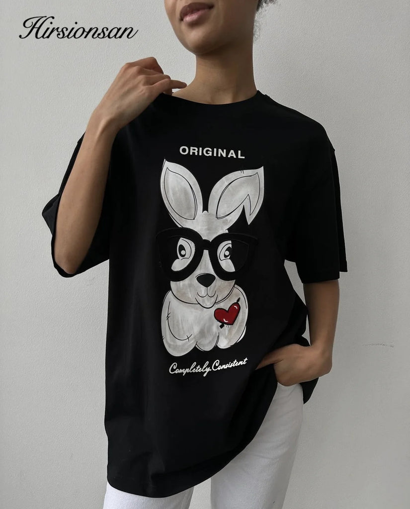 Hirsionsan 2024 Cool rabbit Printed T Shirt Women Summer Loose Casual Soft Female Clothing Vintage O Neck Cotton Lady Tops Y2k