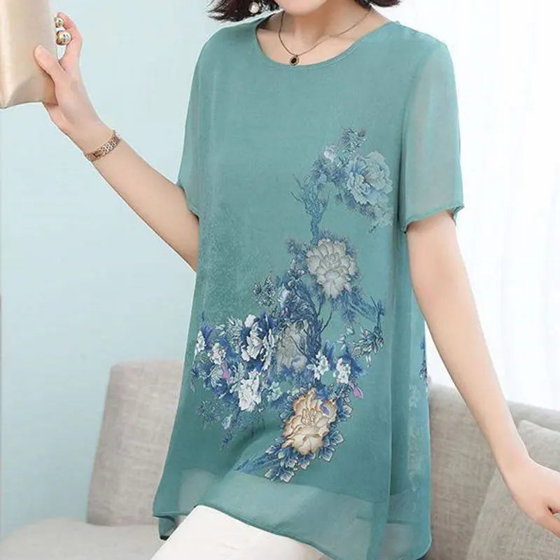 Summer Floral Printed Chiffon Shirt Short Sleeve Female Clothing Loose Stylish Asymmetrical Commute O-Neck Spliced Midi Blouse