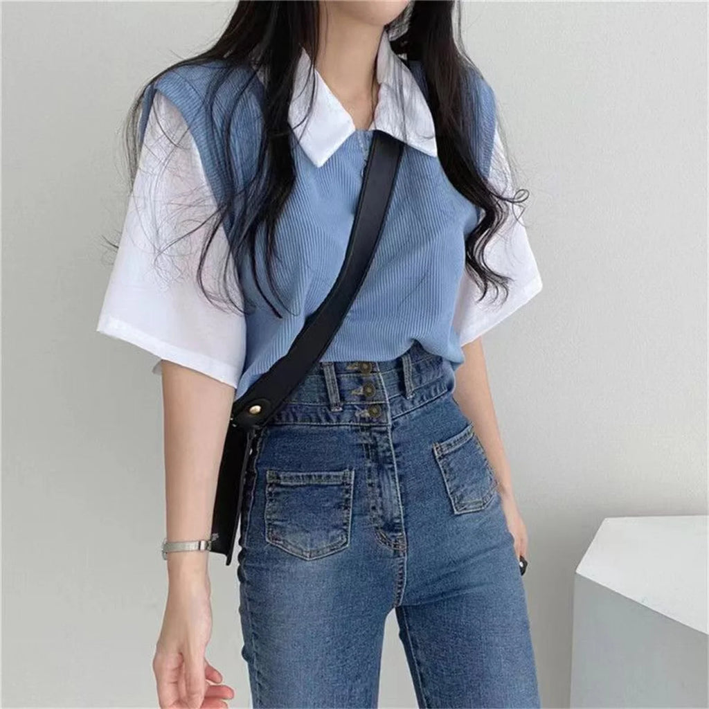 Summer Academy Style Color Blocking Polo Collar Top Fake Two-piece Short Sleeve T-shirt Women Lazy Loose Casual Versatile Blouse