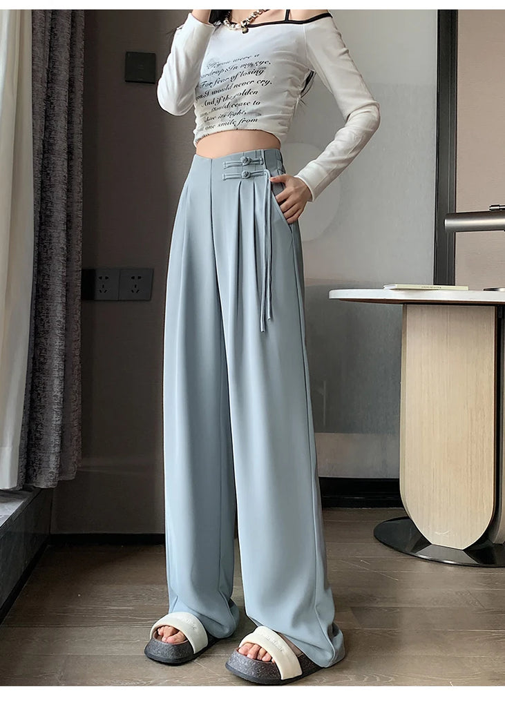 High Waist Buttons Suit Wide Leg Women's Full Pants 2024 New Spring Summer Female Elegant Minimalism Straight Loose Trousers