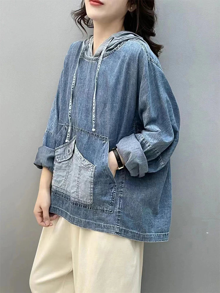 Max LuLu 2024 Spring Fashion Denim Hoodies Womens Vintage Hooded Classic Loose Sweatshirts Ladies Harajuku Casual Korean Clothes