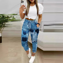 Load image into Gallery viewer, Fashion Short Sleeve Shirt Trousers Set Office Lady Casual Loose Round  Neck Letter Print Color Two Piece Set Women Outfit 2024