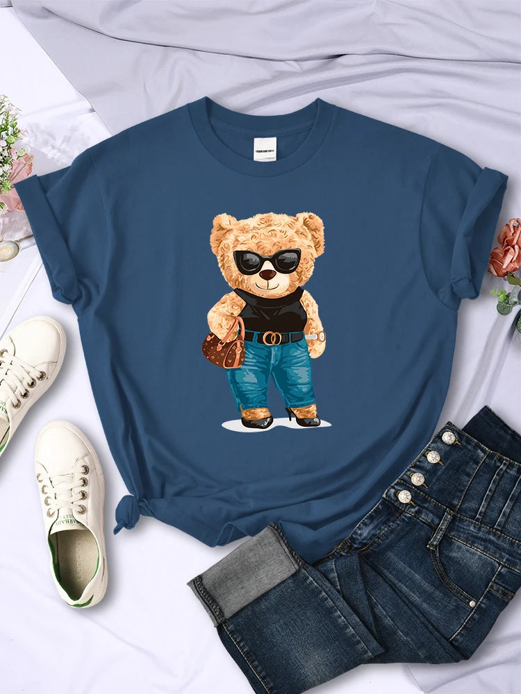 Fashion Teddy Bear Rich Woman T-Shirt Street Hip Hop Short Sleeves Personality Hip Hop T Shirt O-Neck Breathable Summer Tees