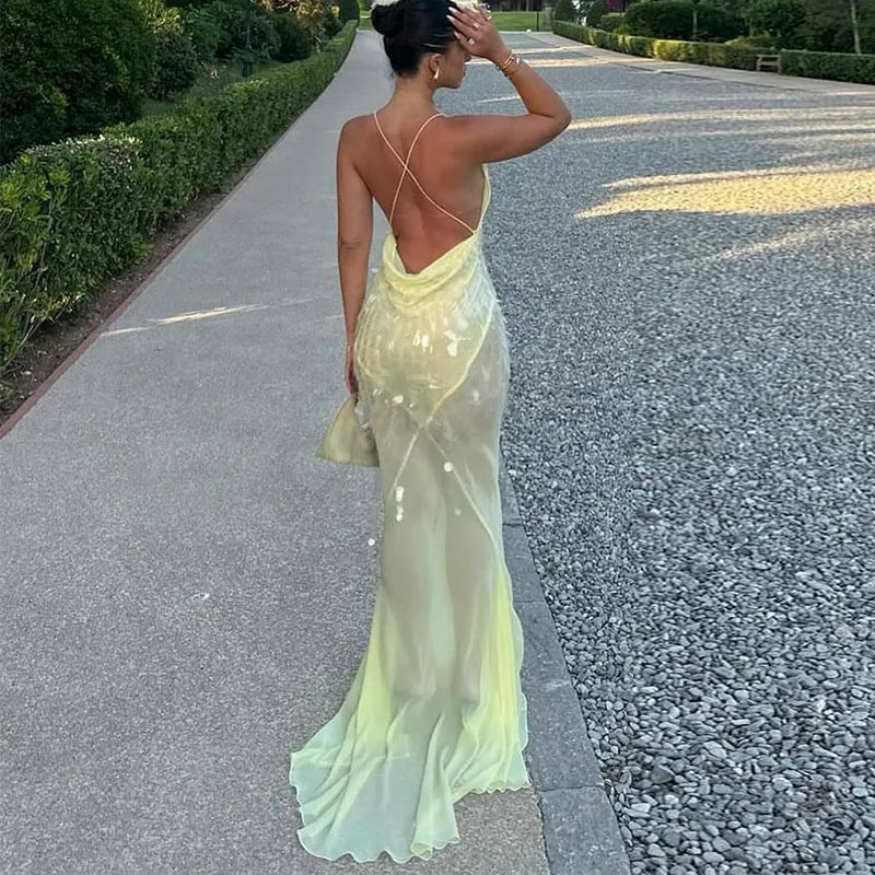 Sexy Sequins Backless Party Long Dress Women Bodycon Tulle V-neck Sleeveless Hip Package Long Dresses 2024 Summer Evening Robes