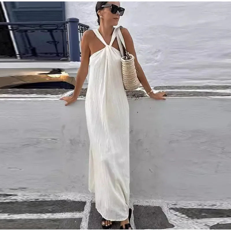 Elegant Soild Halter Maxi Dress For Women 2024 Summer Sleeveless Backless Long Dresses Fashion Lady Holiday Party Beach Robe