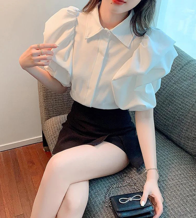 Korean Vintage Puff Sleeve Women Summer Chic Black Fashion Blouse Design Office Lady Tops Harajuku Casual White Tops