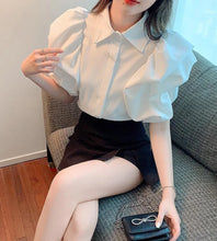 Load image into Gallery viewer, Korean Vintage Puff Sleeve Women Summer Chic Black Fashion Blouse Design Office Lady Tops Harajuku Casual White Tops