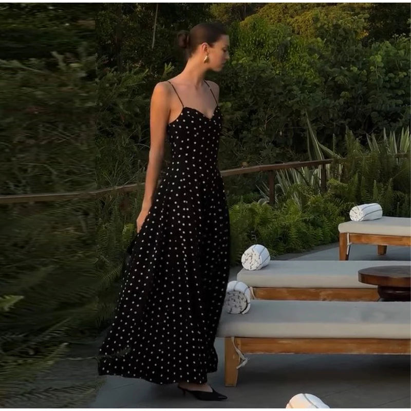 Sexy Black Spotted Backless A-line Sling Long Dresses Elegant Sleeveless High Waist Slim Dress Summer Lady Vacation Party Robes