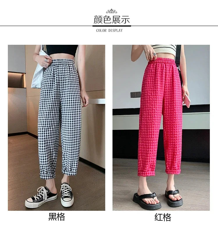 New Women's Checkered Cotton Hemp High Waist Casual Haren Pants Summer Korean Fashion Loose Women Seven Split Wide Leg Pants