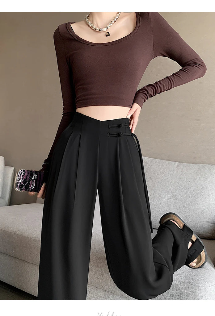 High Waist Buttons Suit Wide Leg Women's Full Pants 2024 New Spring Summer Female Elegant Minimalism Straight Loose Trousers