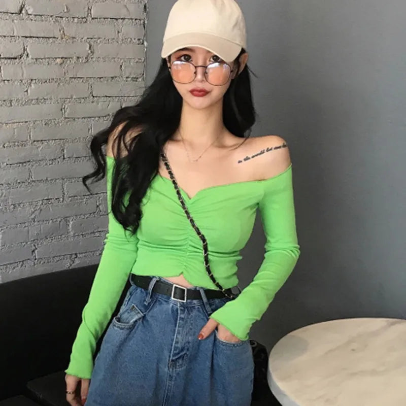 Autumn Sexy Off Shoulder T Shirt Women Fashion Casual Solid Color Tshirt   Trendy Slim Crop Tops New Long Sleeve Tops