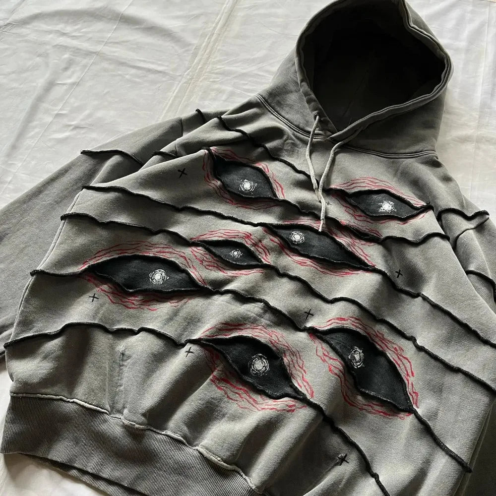 Gothic Punk Eye Pattern Patchwork Hoodies Women Y2k Top New Retro Loose Long Sleeve Sweatshirt Men and Women Hoodie Streetwear