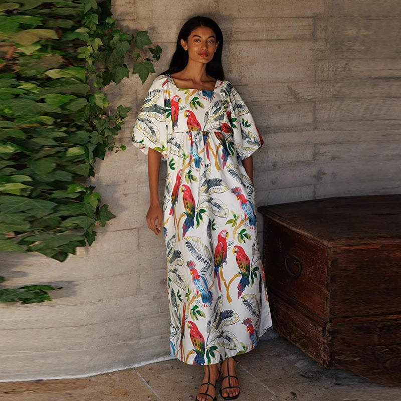 Vintage Print Patchwork Long Dresses Women Fashion Lantern Shorts Sleeves Loose Maxi Dress 2024 Lady Casual Vacation Streetwear