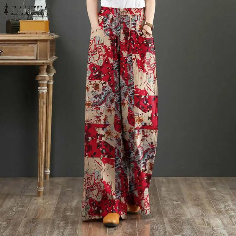 Bohemian Vintage Long Pants ZANZEA Women Wide Leg Trousers Summer High Waist Printed Pantalon Female Elegant Work Palazzo Capris