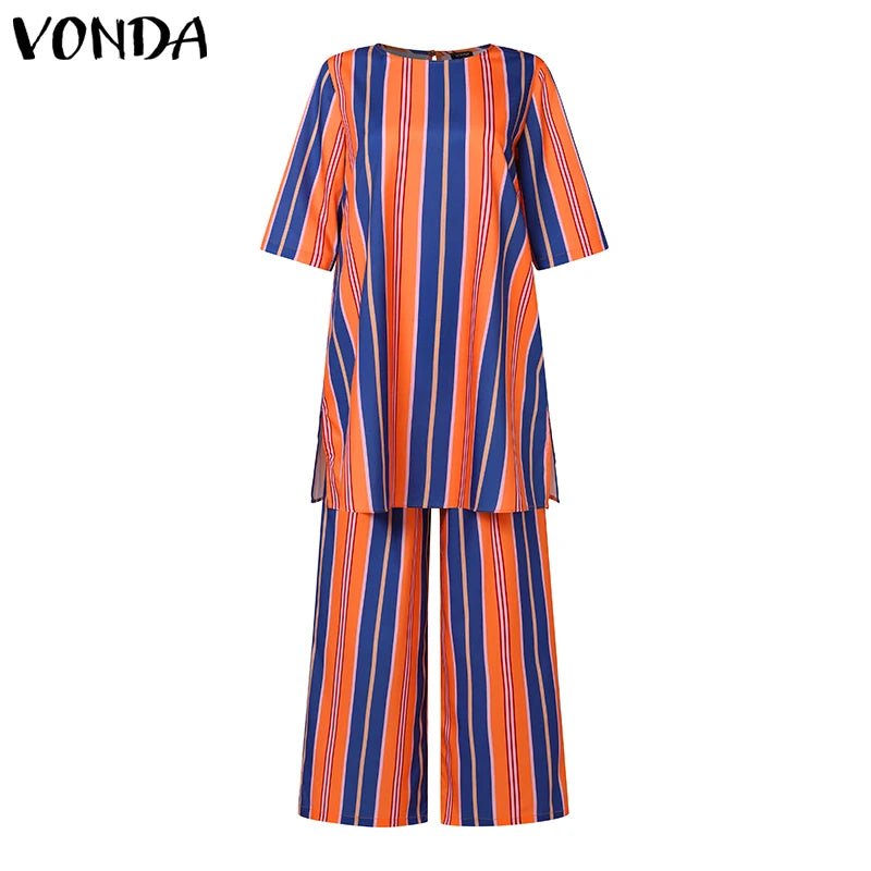 VONDA Bohemian Vintage Women Striped Pants Sets 2024 Summer Half Sleeve Casual Loose Tops and Pants Matching Sets Oversize 2PCS