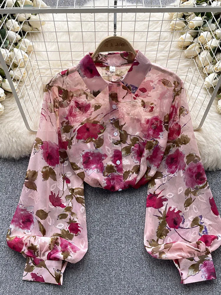 Spring Autumn Temperament Fashion Retro Chiffon Floral Blouses Print Loose Lapel Puff Sleeve Top Button Up Shirt Female GD611