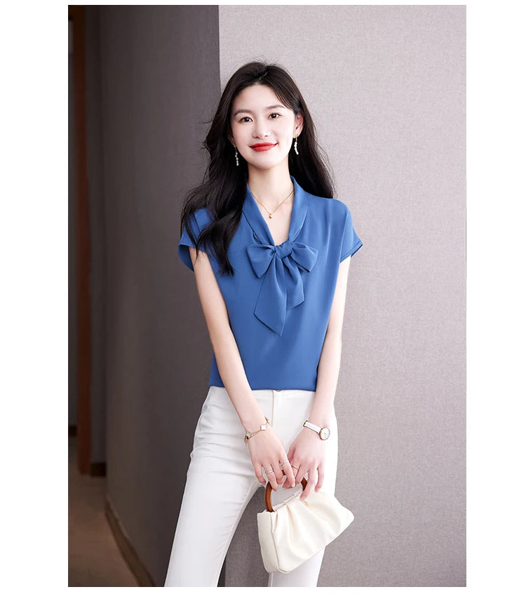 Bow Tie Blouse Shirt for Women OL Elegant Blouses Satin Womens Tops Silk Female Clothing 2023 Korean Fashion Short Sleeve Blouse