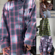 Load image into Gallery viewer, Oversized Plaid Shirt Women Vintage Autumn Jacket Tops Loose Blouse with Long Sleeve Check Pattern and Button Down