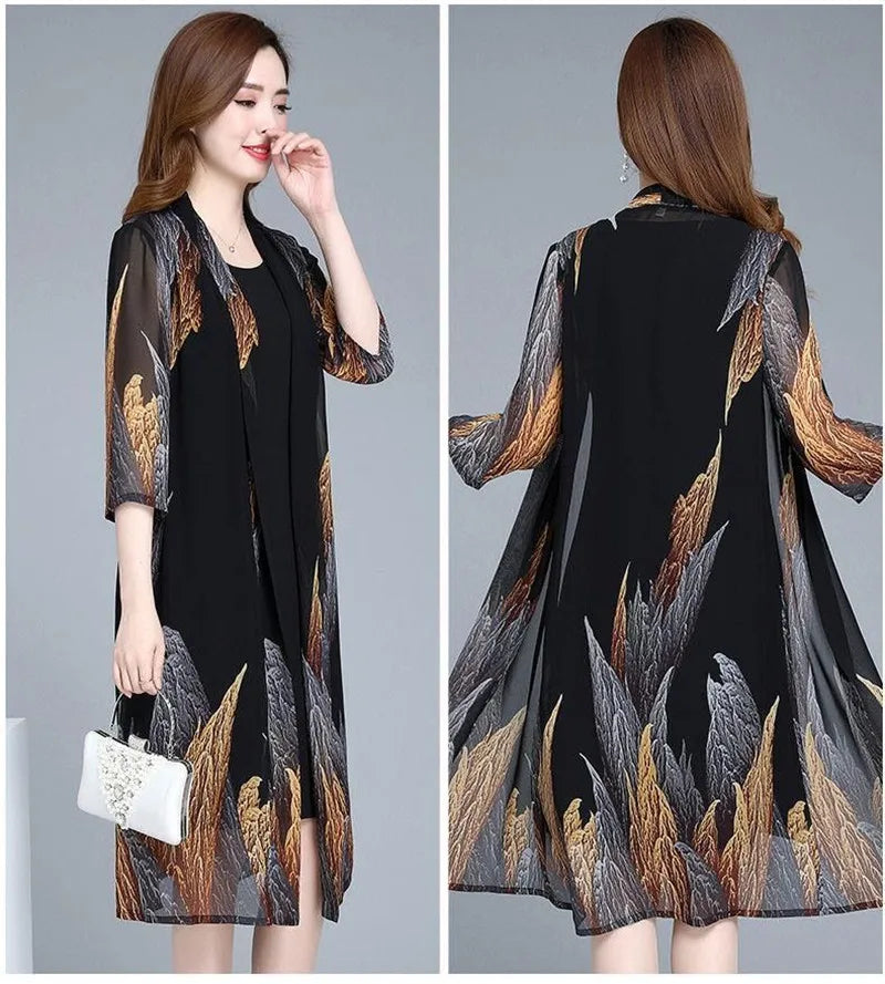 Women Chiffon Dress Set  Summer 2 Piece Set Fashion Sunscreen Cardigan Jacket Mother Elegant Lace Dress Suit Noble Femme 4XL