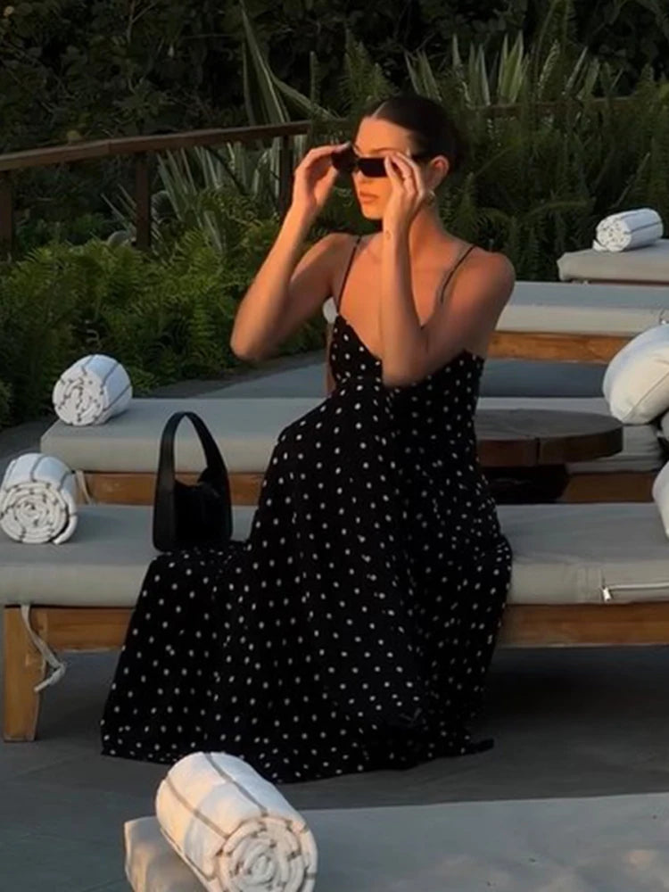 Sexy Black Spotted Backless A-line Sling Long Dresses Elegant Sleeveless High Waist Slim Dress Summer Lady Vacation Party Robes