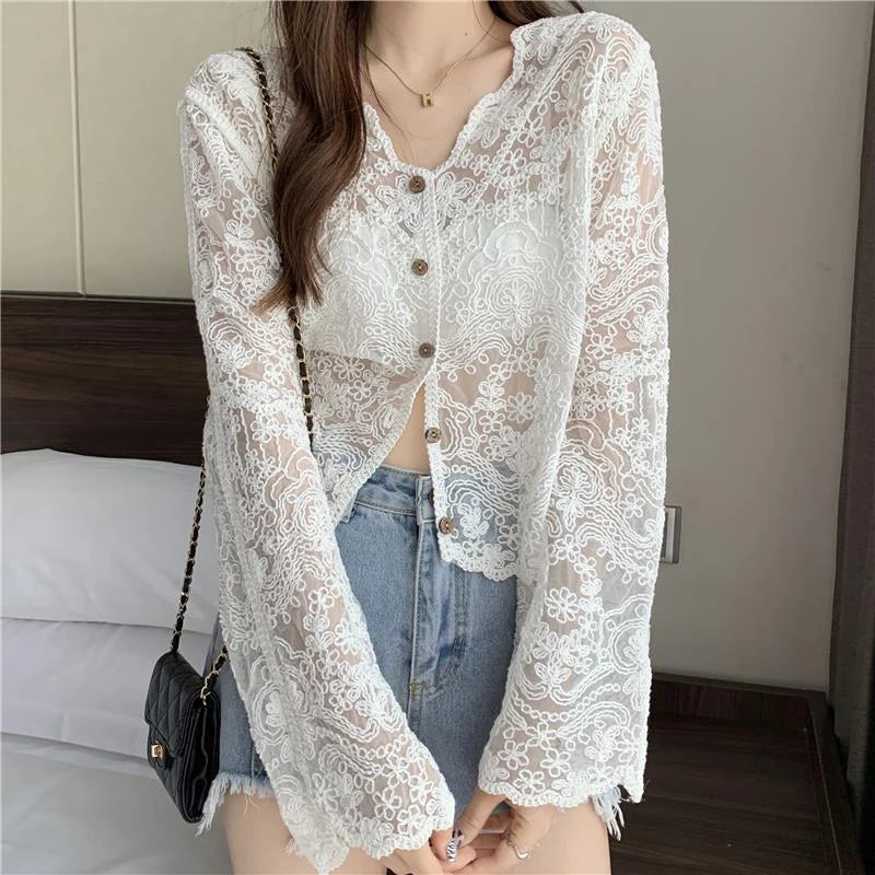 MEXZT Vintage Lace Blouse Women Sheer Long Sleeve Sunscreen Shirt Cardigan Vacation Korean Elegant Casual Sun Protection Top