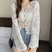 Load image into Gallery viewer, MEXZT Vintage Lace Blouse Women Sheer Long Sleeve Sunscreen Shirt Cardigan Vacation Korean Elegant Casual Sun Protection Top