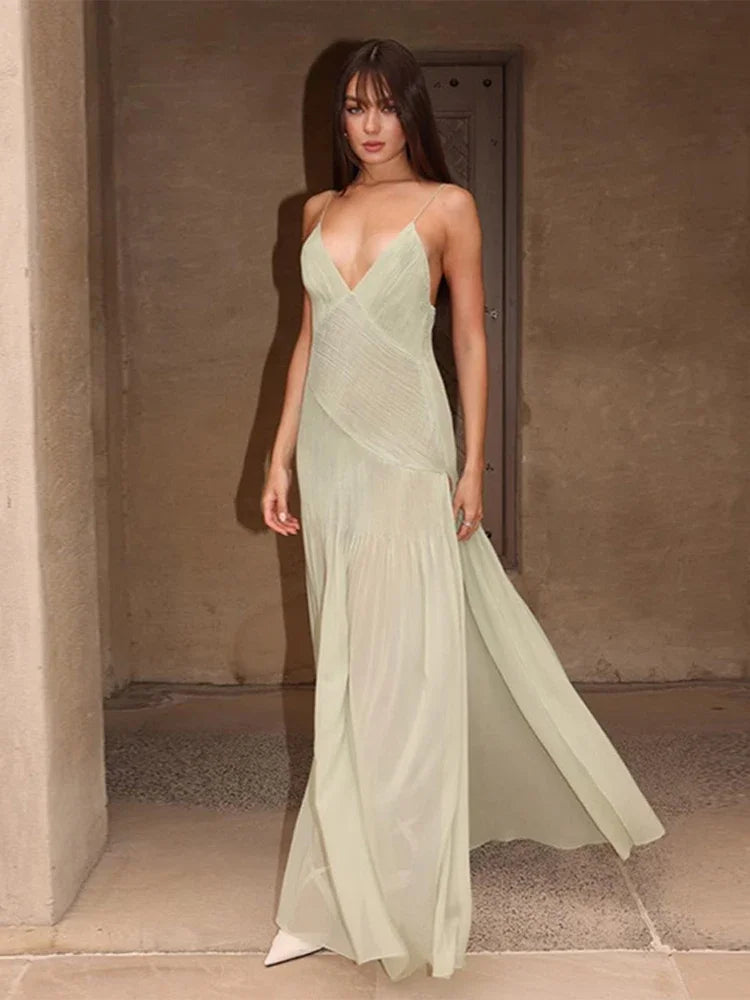 Sexy Backless Party Dress Women Elegant Pleated High Split Maxi Female Beach Dresses 2024 Summer V-neck Sleeveless Lady Robe