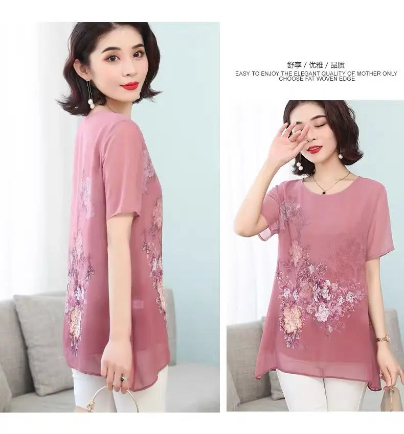 Summer Floral Printed Chiffon Shirt Short Sleeve Female Clothing Loose Stylish Asymmetrical Commute O-Neck Spliced Midi Blouse