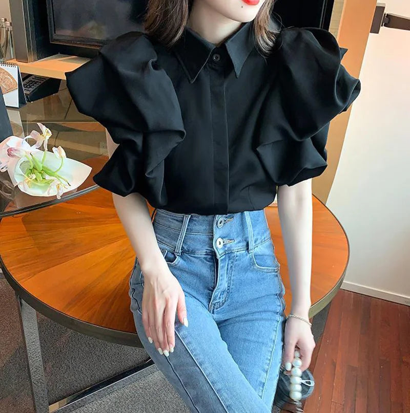 Korean Vintage Puff Sleeve Women Summer Chic Black Fashion Blouse Design Office Lady Tops Harajuku Casual White Tops