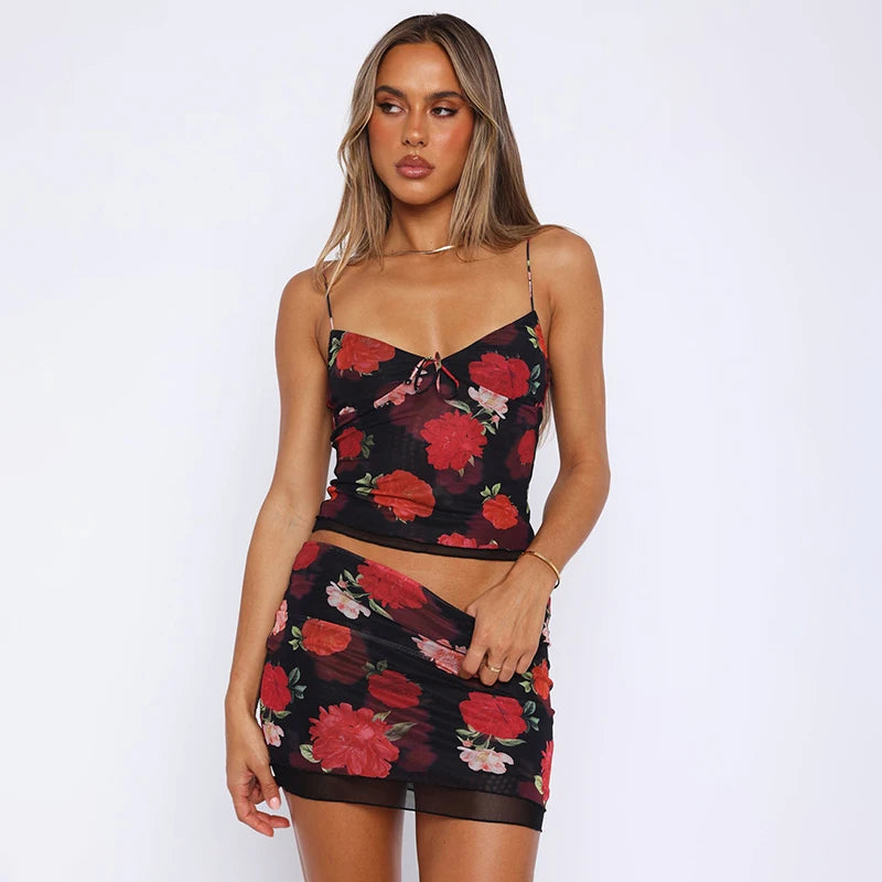 DGLUKE Mesh Mini Skirt 2 Piece Sets Women Outfit Summer Sexy Rave Festival Outfits Floral Clubwear New In Matching Sets