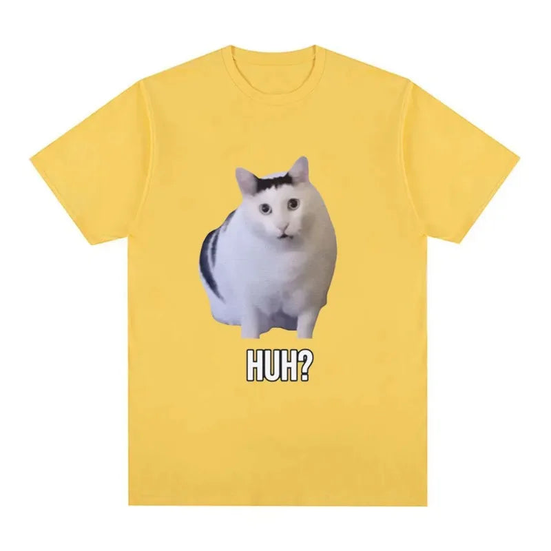 Cat Saying Huh? Funny Meme T-shirt Men Women 100% Cotton Breathable Short Sleeve Oversized T Shirts Fashion Harajuku Tee Shirt