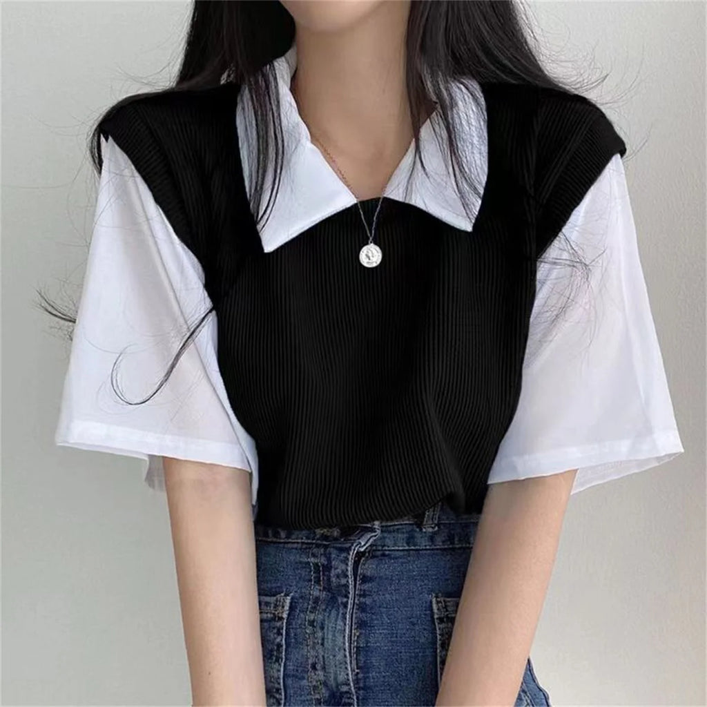 Summer Academy Style Color Blocking Polo Collar Top Fake Two-piece Short Sleeve T-shirt Women Lazy Loose Casual Versatile Blouse