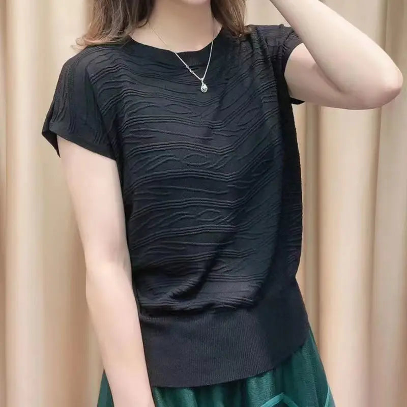 Women's Clothing Summer Fashion Elegant Solid 3D Wave Ice Silk Knitted T-shirts Simple Casual Short Sleeve Loose Pullover Tops