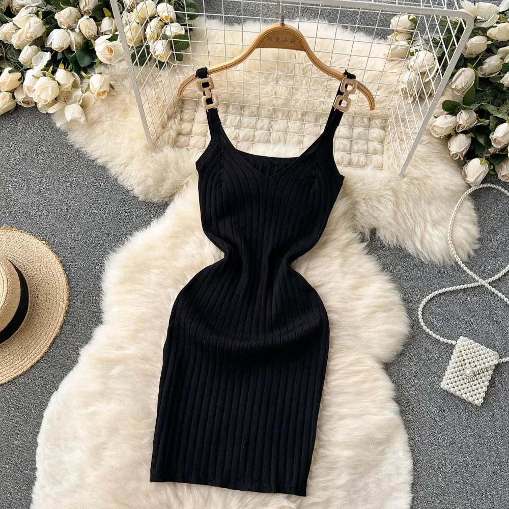 Knitted Summer Women Solid Dress 2024 Slim V Neck Elegant Sexy Vacation Fashion Ladies A Line Midi Dresses