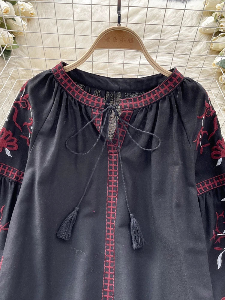 Women's Retro Blouse National Style Embroidered Lace-Up Tassel V-Neck Lantern Sleeve Tops Loose All-Match Female Blusa A02