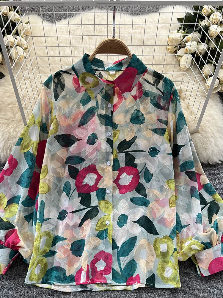 Spring Autumn Temperament Fashion Retro Chiffon Floral Blouses Print Loose Lapel Puff Sleeve Top Button Up Shirt Female GD611