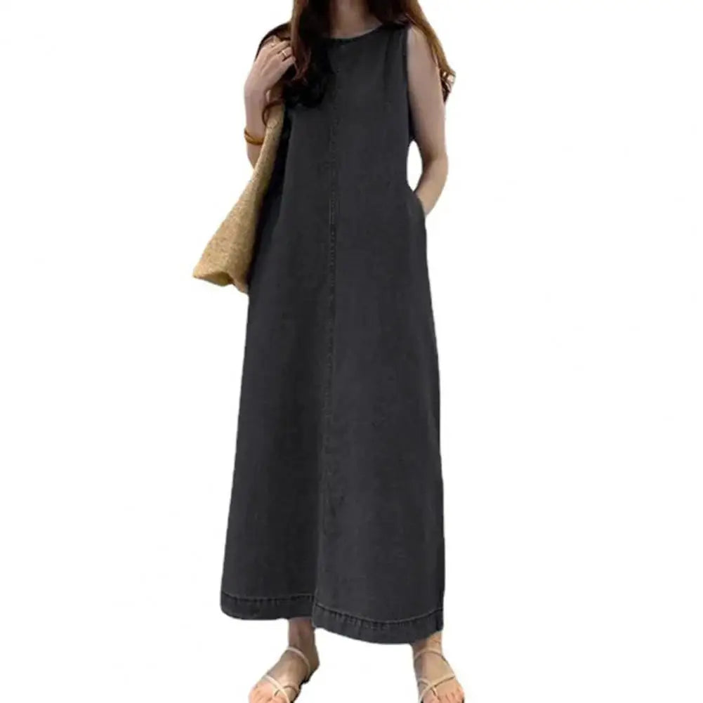 Femme Fashion Casual Loose Long Maxi Sundress Pleated Denim Vestido Sleeveless Robe Women Summer A Line Dress Overszie