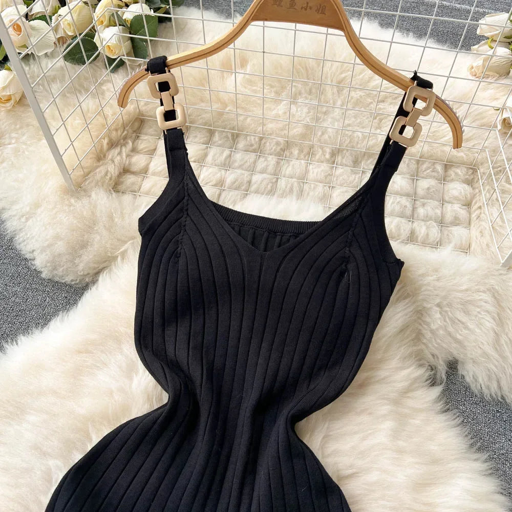 Knitted Summer Women Solid Dress 2024 Slim V Neck Elegant Sexy Vacation Fashion Ladies A Line Midi Dresses