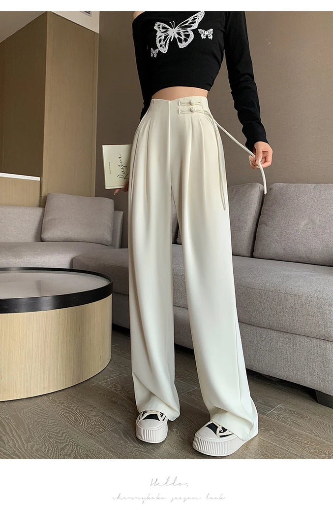 High Waist Buttons Suit Wide Leg Women's Full Pants 2024 New Spring Summer Female Elegant Minimalism Straight Loose Trousers