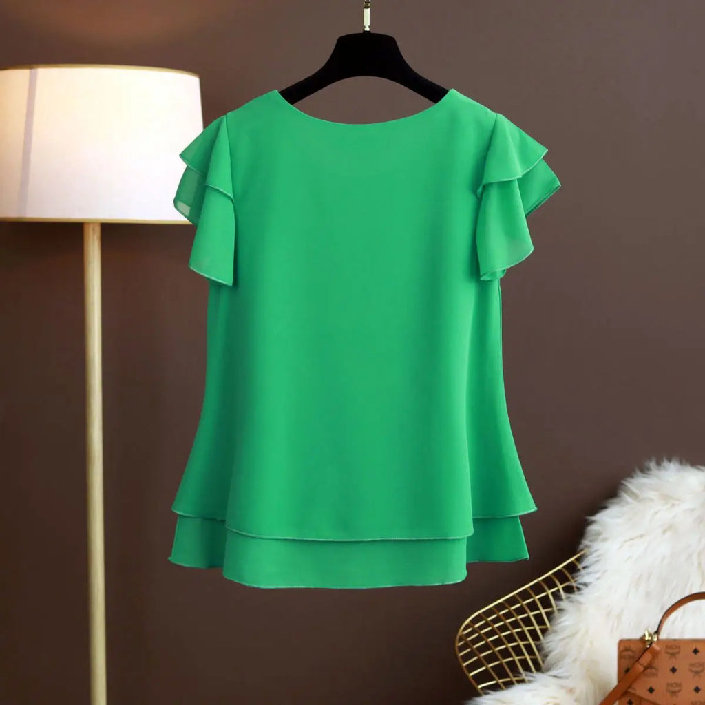 M-6XL Fashion Brand Summer Oversized Loose and Thin Casual Blouse Top Short Sleeve Chiffon Top White Blouse Green Women’s Tops