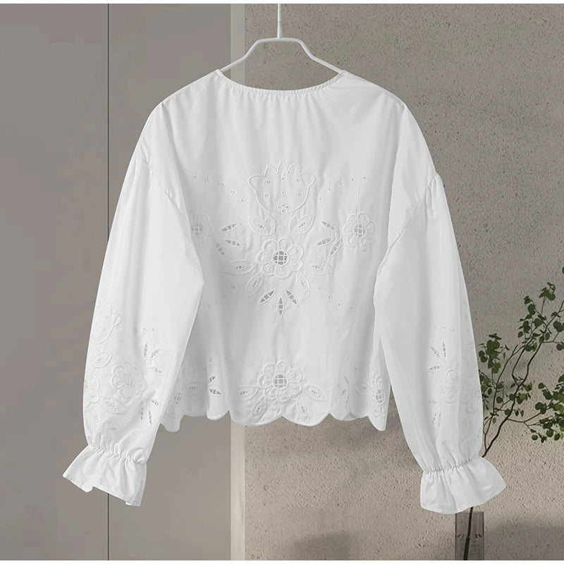 Solid Lace Up Hollow Out Women's Shirt Casual Lantern Long Sleeve V-neck Female Blouses 2024 Spring New Fashion Tops Streetwear