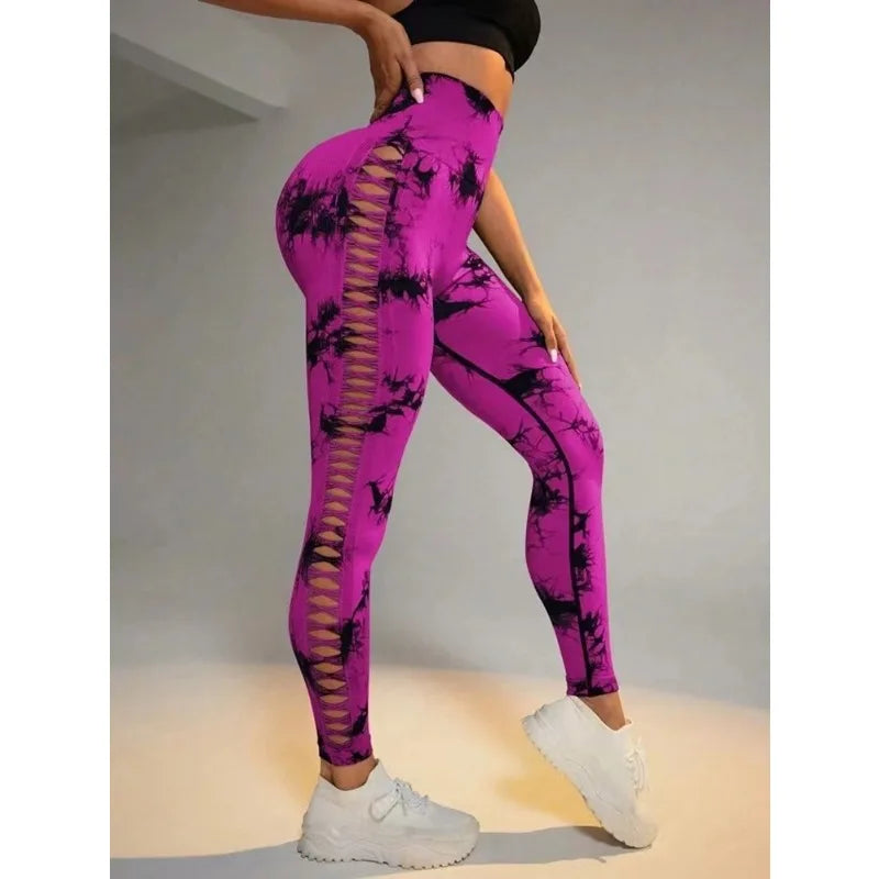 Women Tie Dye Mesh Leggings Sports Hollow Out Yoga Pants Fitness Sportswear Sexy High Waist Push Up Gym Tights Running Leggings