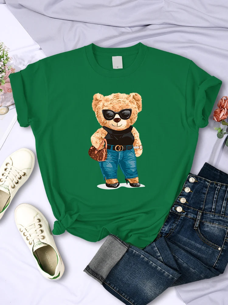 Fashion Teddy Bear Rich Woman T-Shirt Street Hip Hop Short Sleeves Personality Hip Hop T Shirt O-Neck Breathable Summer Tees