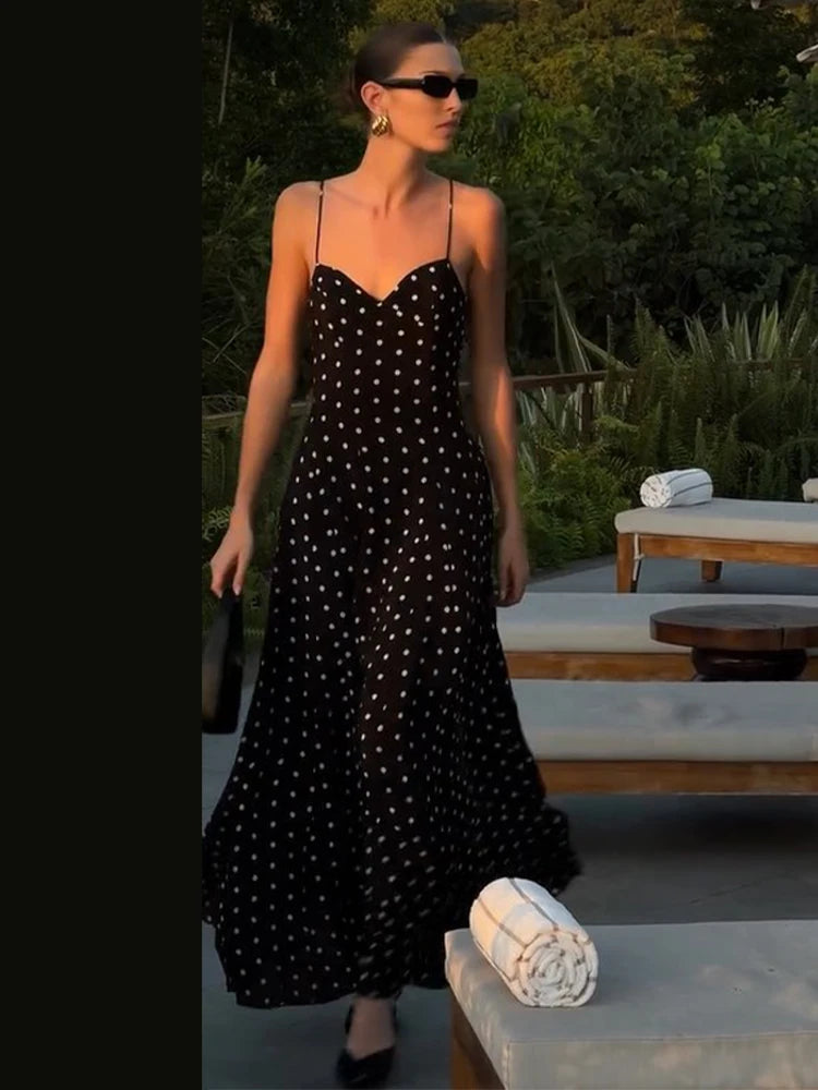 Sexy Black Spotted Backless A-line Sling Long Dresses Elegant Sleeveless High Waist Slim Dress Summer Lady Vacation Party Robes