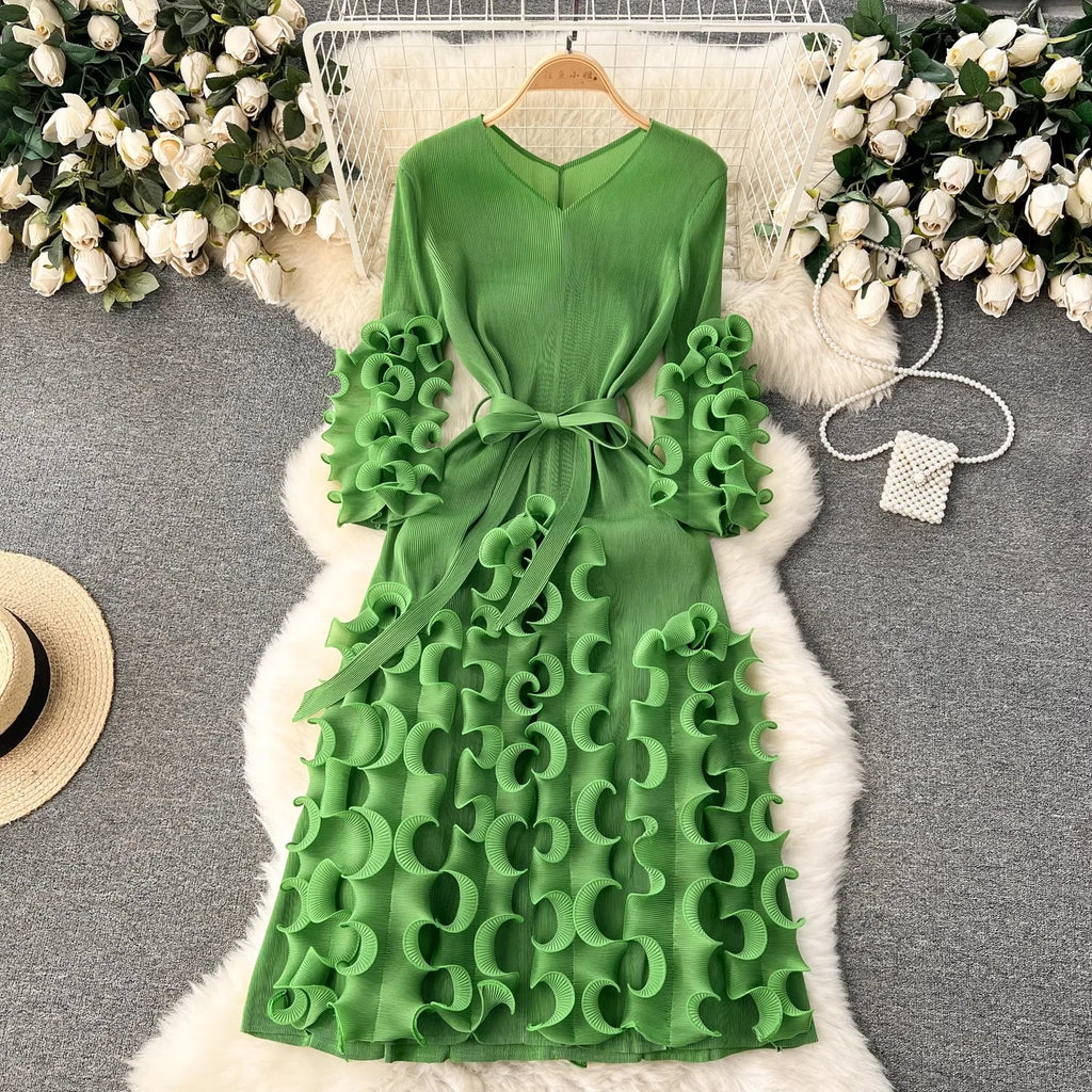 Summer Holiday 3D Ruffled Edge Draped Pleated Dress Women's V Neck Solid Color Oversized High Sretch Lace Up Party Vestidos