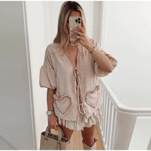 Load image into Gallery viewer, Elegant Plaid Bow Lace Print Women Shirt Fashion Casual Long Lantern Sleeve V Neck Tops 2024 Spring Summer Female Love Outwear