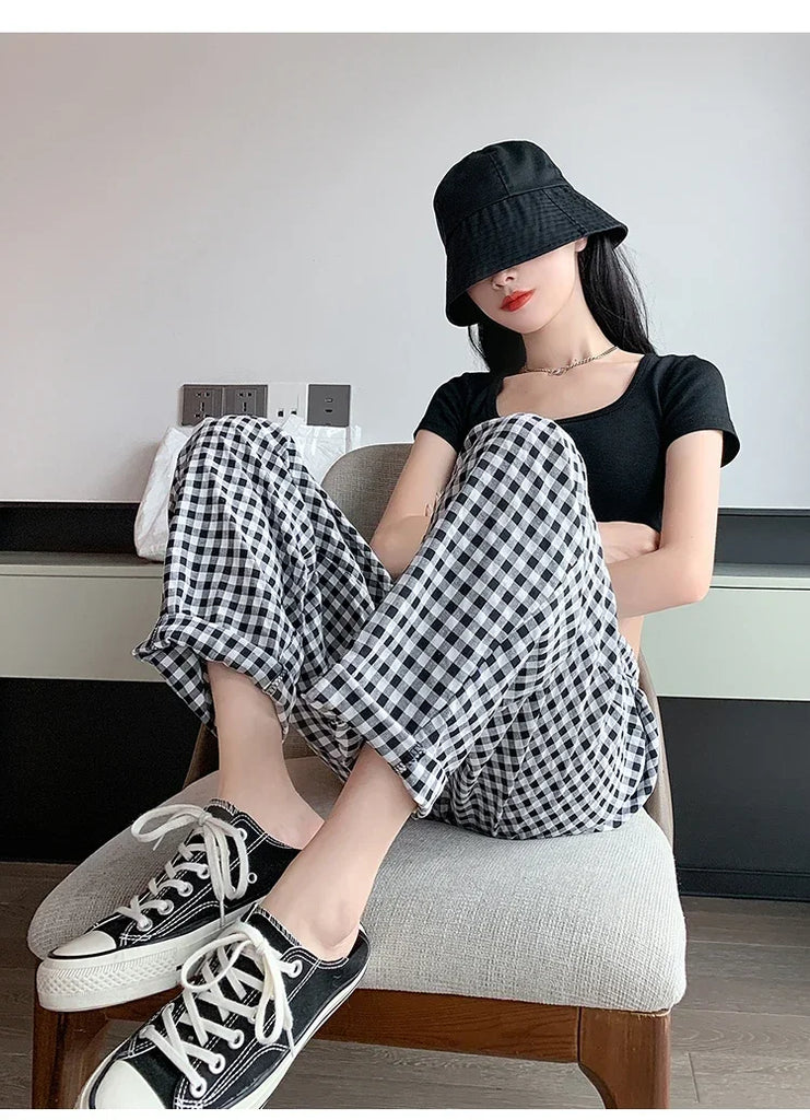 New Women's Checkered Cotton Hemp High Waist Casual Haren Pants Summer Korean Fashion Loose Women Seven Split Wide Leg Pants