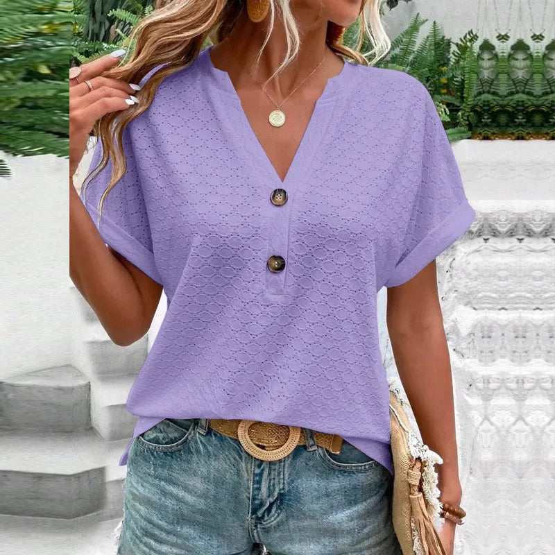 2023 New Fashion Women Blouses Casual Jacquard Button V-Neck Solid Loose Shirts Summer Short Sleeve Oversized Tops Female