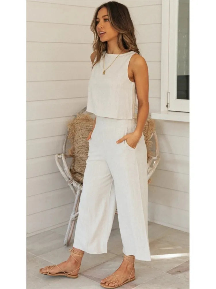 Summer Women's Solid Top Shirt 2 Piece Set Fashion O-neck Sleeveless Casual Elegant Sets 2023 New