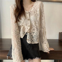 Load image into Gallery viewer, MEXZT Vintage Lace Blouse Women Sheer Long Sleeve Sunscreen Shirt Cardigan Vacation Korean Elegant Casual Sun Protection Top